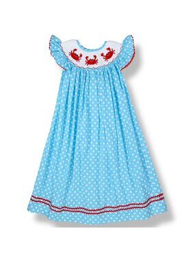 Girls Blue Polka Dot Crab Embroidered Flutter Sleeve Smocked Dress 5